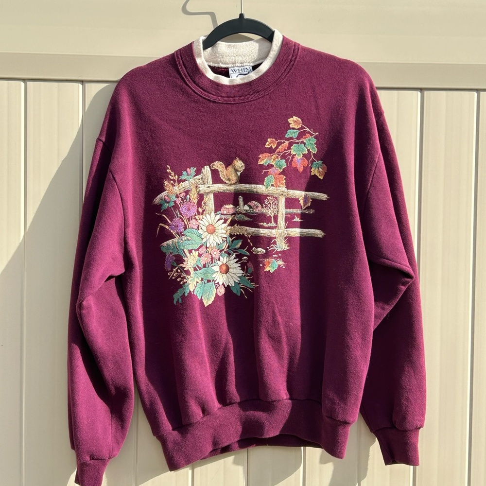 Vintage Maroon Sweatshirt with Floral Embroidery
